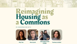 Pale yellow flyer for Oct 17, 2025 event: Reimagining Housing as a Commons