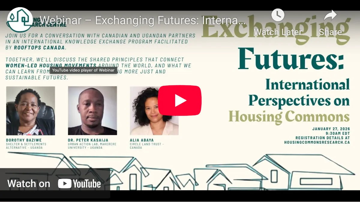 YouTube screenshot with webinar flyer of Exchanging Futures: International Perspectives on Housing Commons